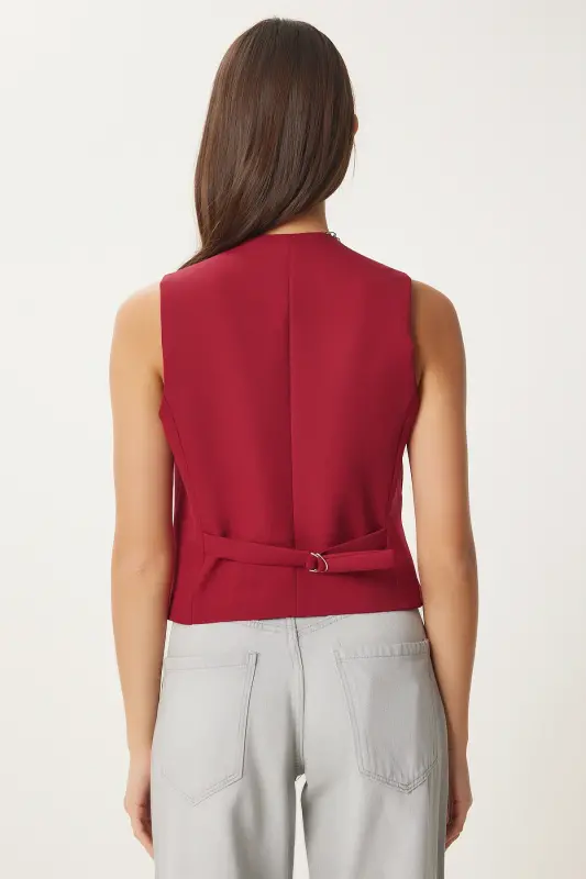 Women's Burgundy Bodycon Short Woven Vest TO00048 - Burgundy - 5