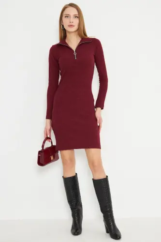 Kadın Bordo Yakası Fermuarlı Kaşkorse Diz Üstü Elbise ARM-24Y001001-Bordo - ARMONIKA (1)