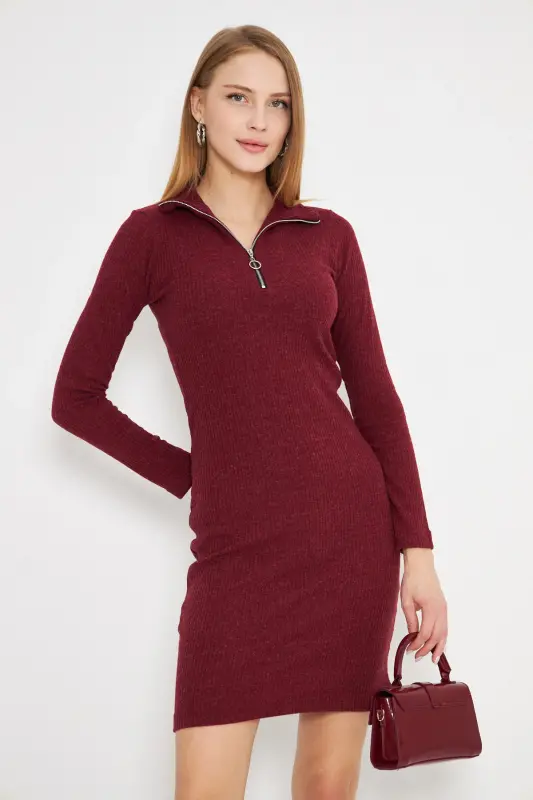 Kadın Bordo Yakası Fermuarlı Kaşkorse Diz Üstü Elbise ARM-24Y001001-Bordo - ARMONIKA