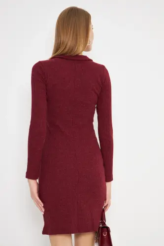 Kadın Bordo Yakası Fermuarlı Kaşkorse Diz Üstü Elbise ARM-24Y001001-Bordo - 4