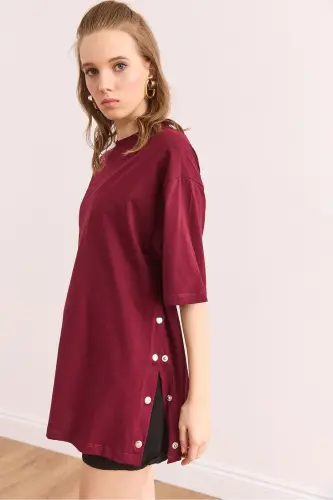 Kadın Bordo Yanları Düğmeli Pamuk Tişört TSH-19000762-Bordo - 4