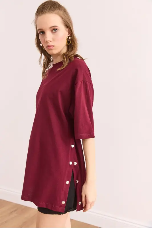 Kadın Bordo Yanları Düğmeli Pamuk Tişört TSH-19000762-Bordo - 4