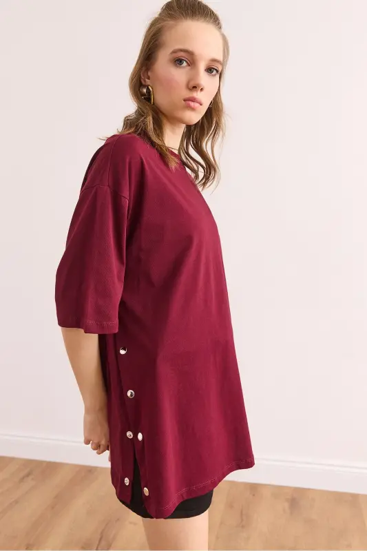 Kadın Bordo Yanları Düğmeli Pamuk Tişört TSH-19000762-Bordo - 6
