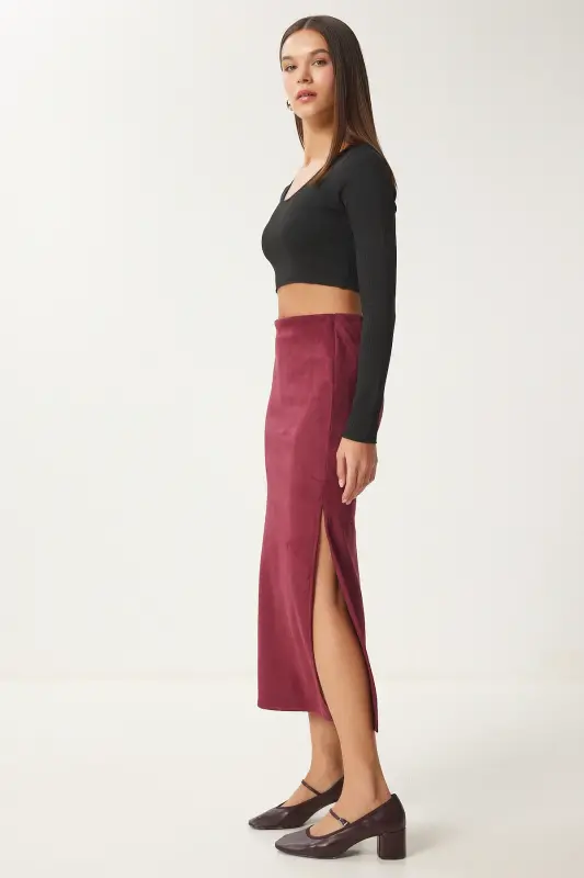 Kadın Bordo Yırtmaçlı Uzun Süet Dokuma Etek MC00292 - Bordo - 1