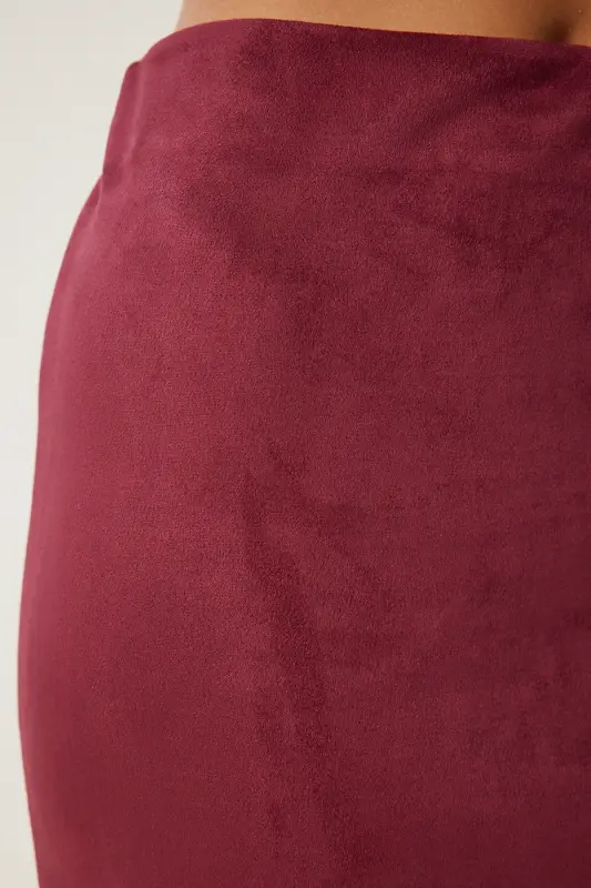 Kadın Bordo Yırtmaçlı Uzun Süet Dokuma Etek MC00292 - Bordo - 4