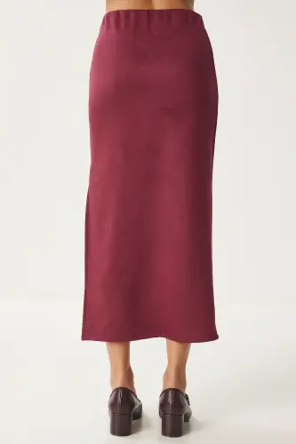 Kadın Bordo Yırtmaçlı Uzun Süet Dokuma Etek MC00292 - Bordo - 6