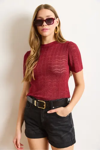 Kadın Bordo Zigzag Ajurlu Merserize Viskon Triko Bluz BLZ-19003010-Bordo - 3
