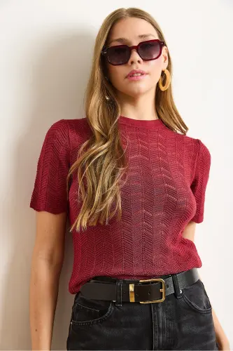 Kadın Bordo Zigzag Ajurlu Merserize Viskon Triko Bluz BLZ-19003010-Bordo - 5