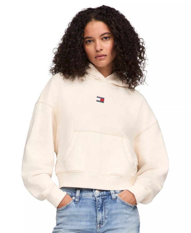 Kadın Boxy Dikişli Pamuklu Logo Kapşonlu Sweatshirt Eski Beyaz - 1