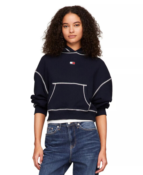 Kadın Boxy Topstitch Logolu Kapüşonlu Sweatshirt Koyu Gece Mavisi - 1