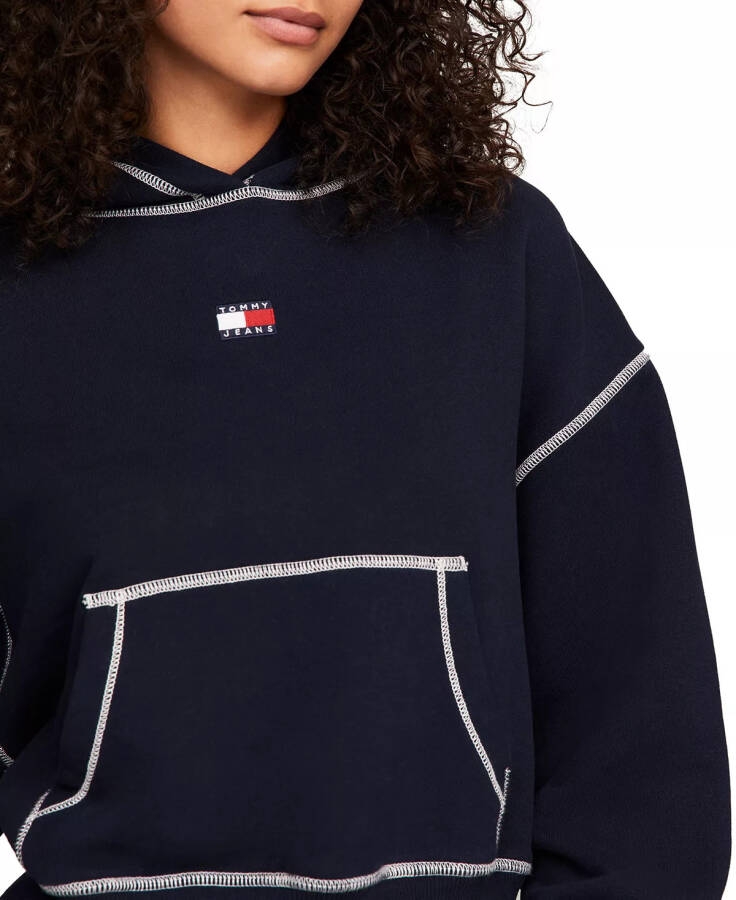 Kadın Boxy Topstitch Logolu Kapüşonlu Sweatshirt Koyu Gece Mavisi - 3