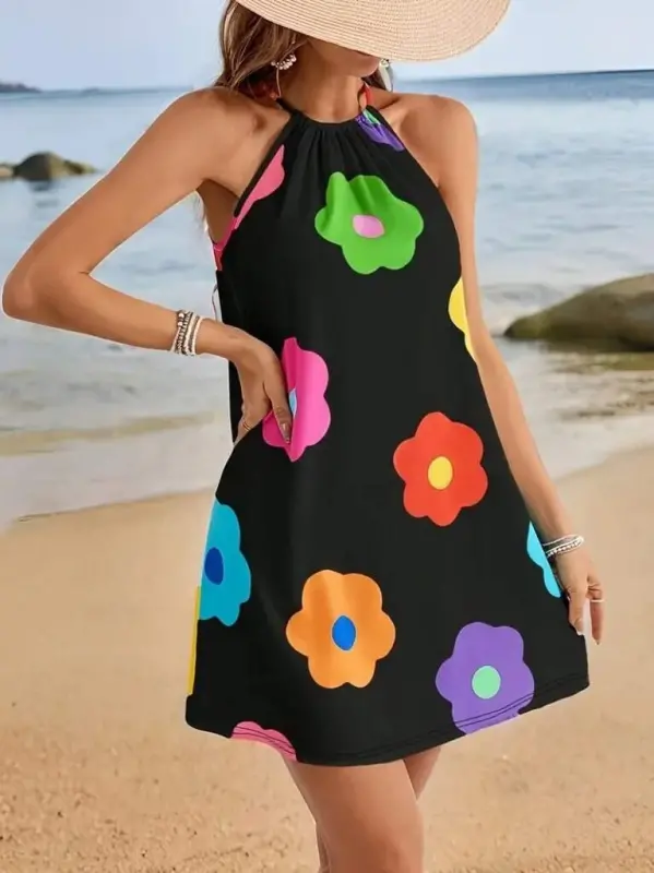 Kadın Boyundan Askılı Kolsuz çiçek Desenli Süprem Elbise - 1