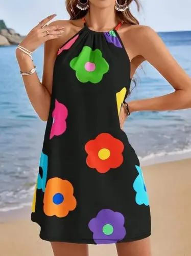 Kadın Boyundan Askılı Kolsuz çiçek Desenli Süprem Elbise - BÜYÜKBEDENIZ (1)