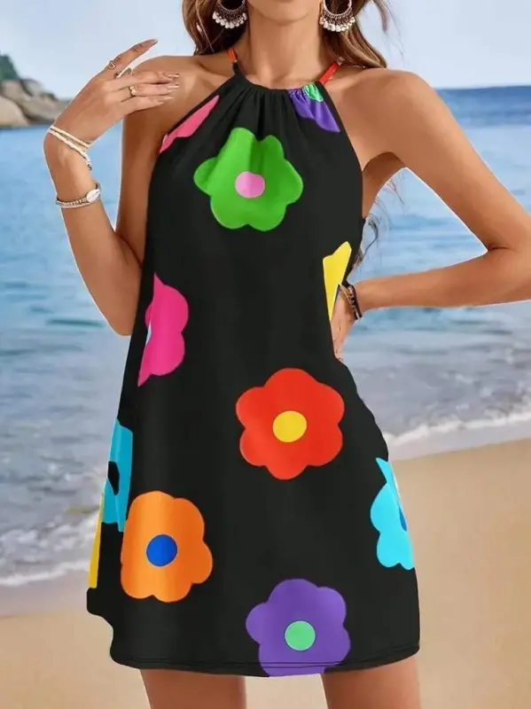 Kadın Boyundan Askılı Kolsuz çiçek Desenli Süprem Elbise - 2