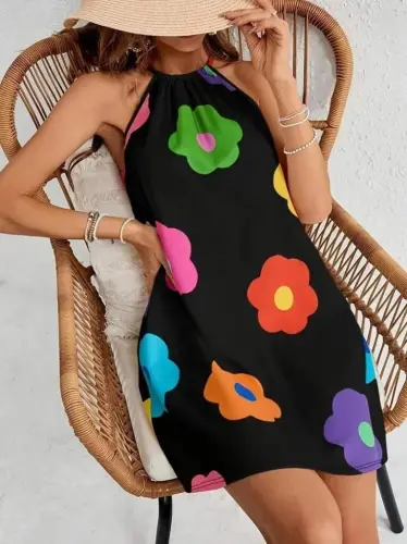 Kadın Boyundan Askılı Kolsuz çiçek Desenli Süprem Elbise - 3