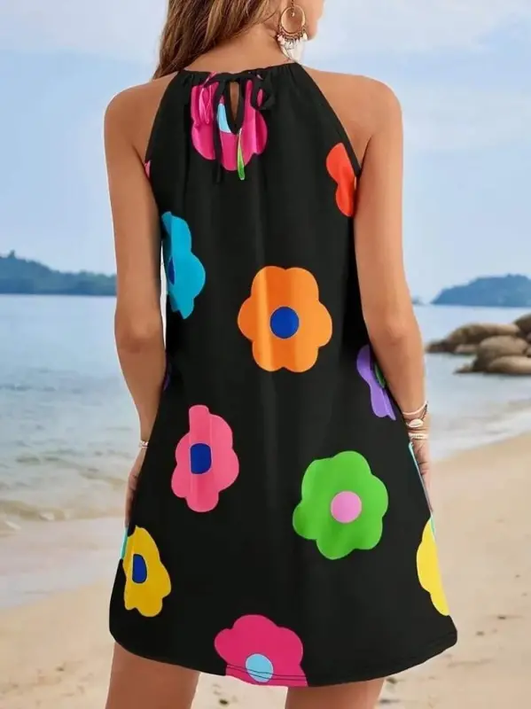 Kadın Boyundan Askılı Kolsuz çiçek Desenli Süprem Elbise - 4