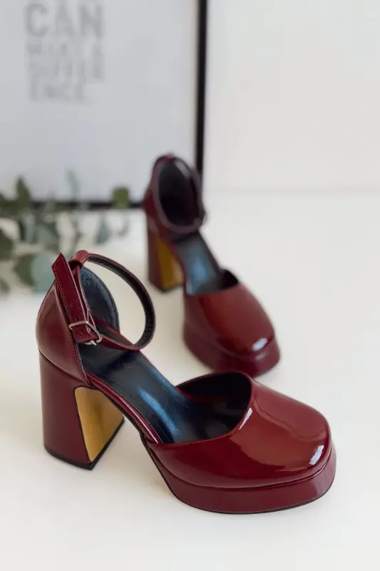 Kadın Bride Gelin Nikah Düğün Ayakkabısı Bordo Rugan Platformlu Kapalı Burun Yüksek Topuklu Ayakkabı-kapalı rugan bordo - 1