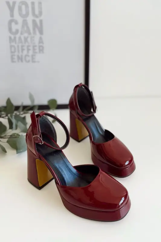 Kadın Bride Gelin Nikah Düğün Ayakkabısı Bordo Rugan Platformlu Kapalı Burun Yüksek Topuklu Ayakkabı-kapalı rugan bordo - 4