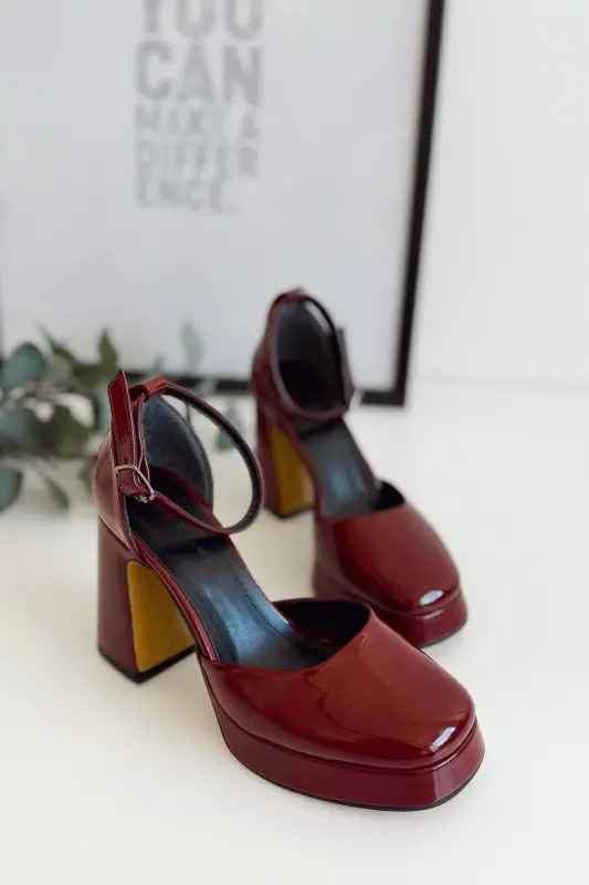 Kadın Bride Gelin Nikah Düğün Ayakkabısı Bordo Rugan Platformlu Kapalı Burun Yüksek Topuklu Ayakkabı-kapalı rugan bordo - 3