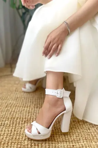 Kadın Bride Gelin Nikah Düğün Ayakkabısı Mat Deri Platformlu Tek Bant Yüksek Topuklu Ayakkabı-beyaz 1 - 4