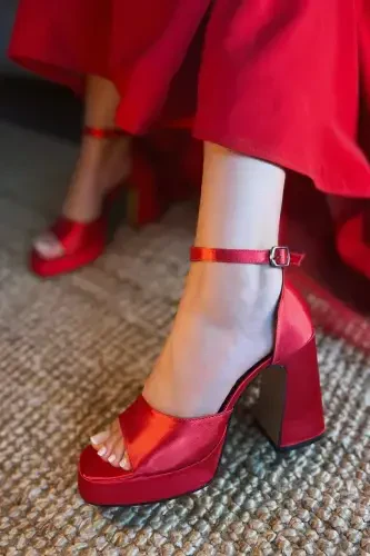 Kadın Bride Gelin Nikah Düğün Ayakkabısı Saten Kırmızı Platformlu Tek Bant Yüksek Topuklu Ayakkabı-kırmızı - 3