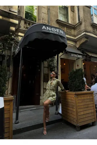 Kadın Brode Kumaş Oversize Gömlek Şort Takımı - Haki Desenli - 3