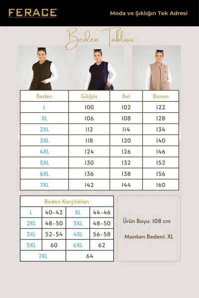 Kadin Buyuk Beden Battal Tesettur Uzun Kolsuz Fermuarli Yelek Haki-Haki - Modazone (1)
