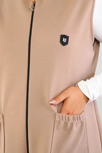 Kadin Buyuk Beden Battal Tesettur Uzun Kolsuz Fermuarli Yelek Vizon-Vizon - 3