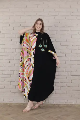 Kadın büyük beden dokuma elbise - siyah yeşil - 4