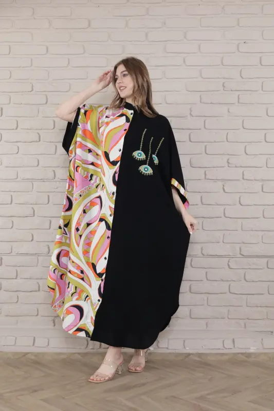 Kadın büyük beden dokuma elbise - siyah yeşil - MERVEMODA