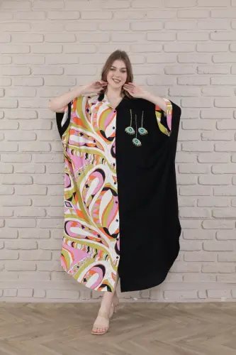 Kadın büyük beden dokuma elbise - siyah yeşil - MERVEMODA (1)