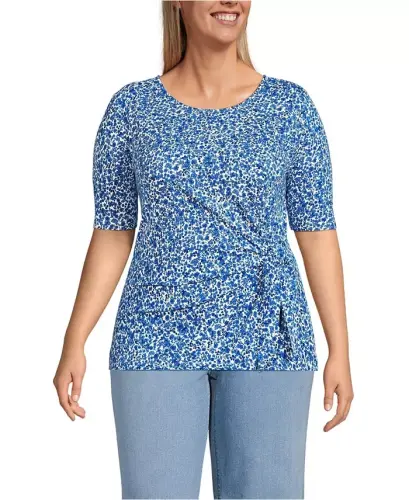 Women's Plus Size Lightweight Jersey Tie Front Top - Ivory/vista blue flowers - 1