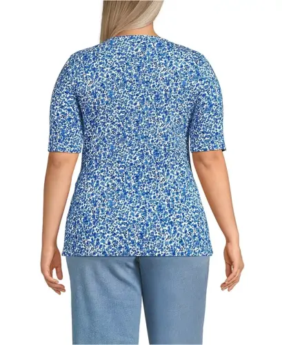 Women's Plus Size Lightweight Jersey Tie Front Top - Ivory/vista blue flowers - 2