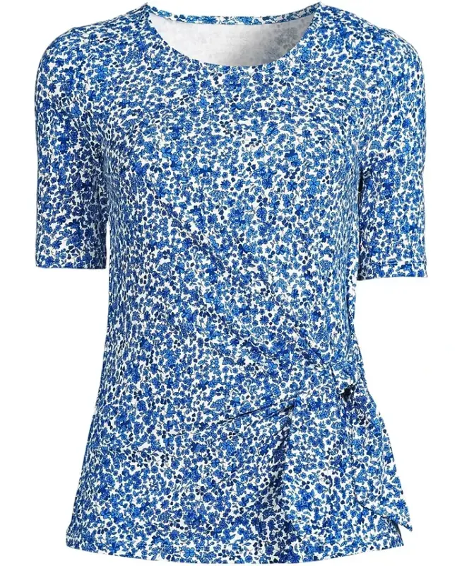 Women's Plus Size Lightweight Jersey Tie Front Top - Ivory/vista blue flowers - 3