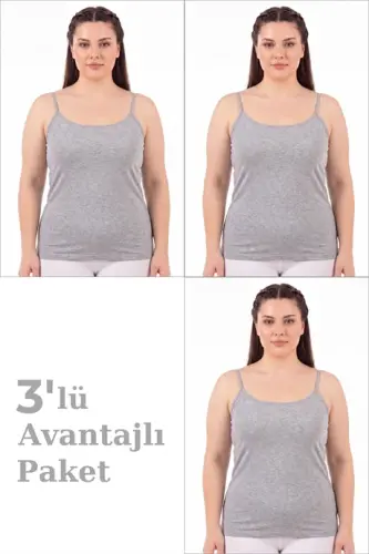 Kadın Büyük Beden İp Askılı Atlet Pamuklu Likralı Yumuşak Esnek Kumaş 3'lü Paket - 1