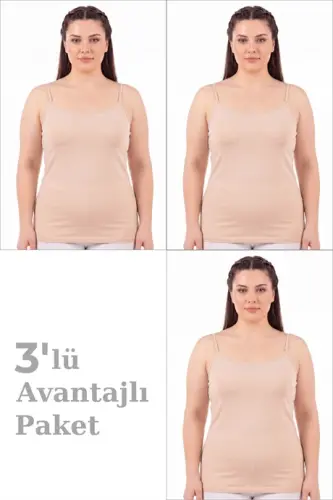 Kadın Büyük Beden İp Askılı Atlet Pamuklu Likralı Yumuşak Esnek Kumaş 3'lü Paket - 1
