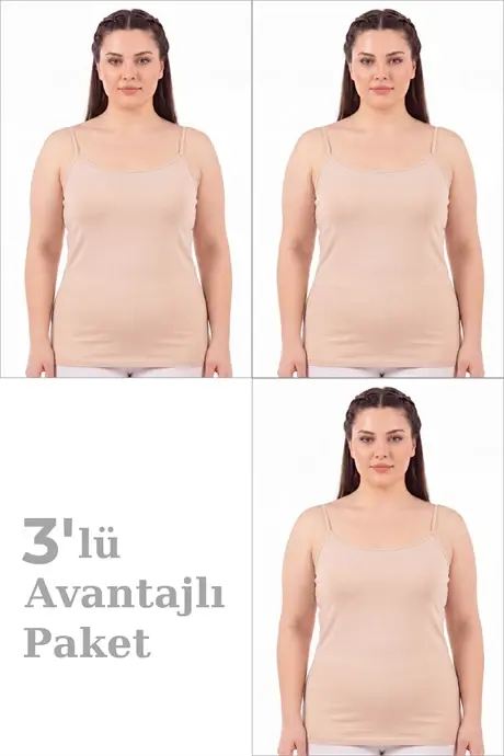 Kadın Büyük Beden İp Askılı Atlet Pamuklu Likralı Yumuşak Esnek Kumaş 3'lü Paket - BÜYÜKBEDENIZ