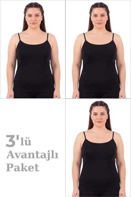 Kadın Büyük Beden İp Askılı Atlet Pamuklu Likralı Yumuşak Esnek Kumaş 3'lü Paket - BÜYÜKBEDENIZ