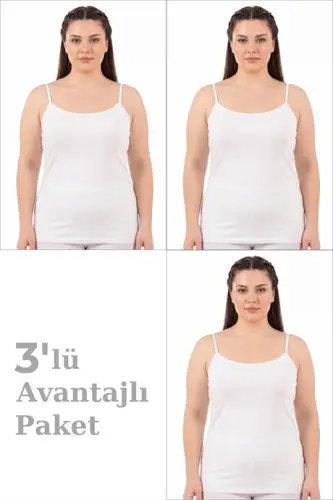 Kadın Büyük Beden İp Askılı Atlet Pamuklu Likralı Yumuşak Esnek Kumaş 3'lü Paket - 1