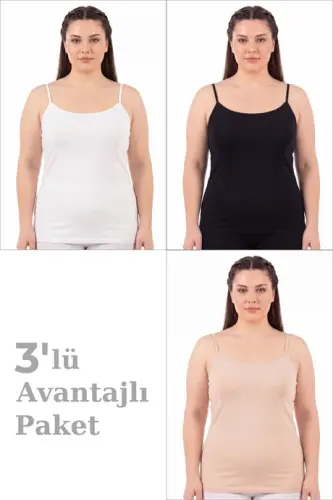 Kadın Büyük Beden İp Askılı Atlet Pamuklu Likralı Yumuşak Esnek Kumaş 3'lü Paket - 1