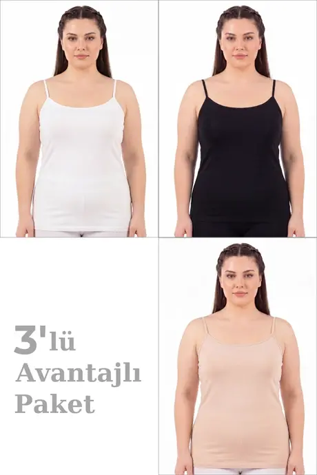 Kadın Büyük Beden İp Askılı Atlet Pamuklu Likralı Yumuşak Esnek Kumaş 3'lü Paket - BÜYÜKBEDENIZ