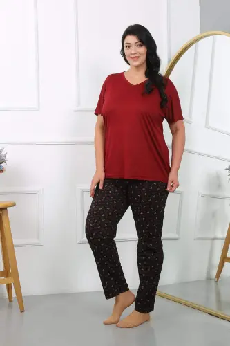 Kadın Büyük Beden Kısa Kol Penye Pijama Takımı Bordo 202406 - 12