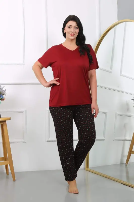 Kadın Büyük Beden Kısa Kol Penye Pijama Takımı Bordo 202406 - 13