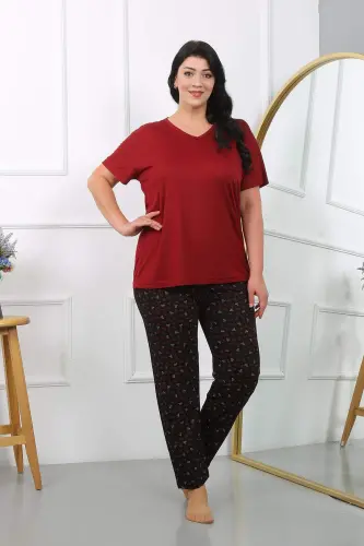 Kadın Büyük Beden Kısa Kol Penye Pijama Takımı Bordo 202406 - 6