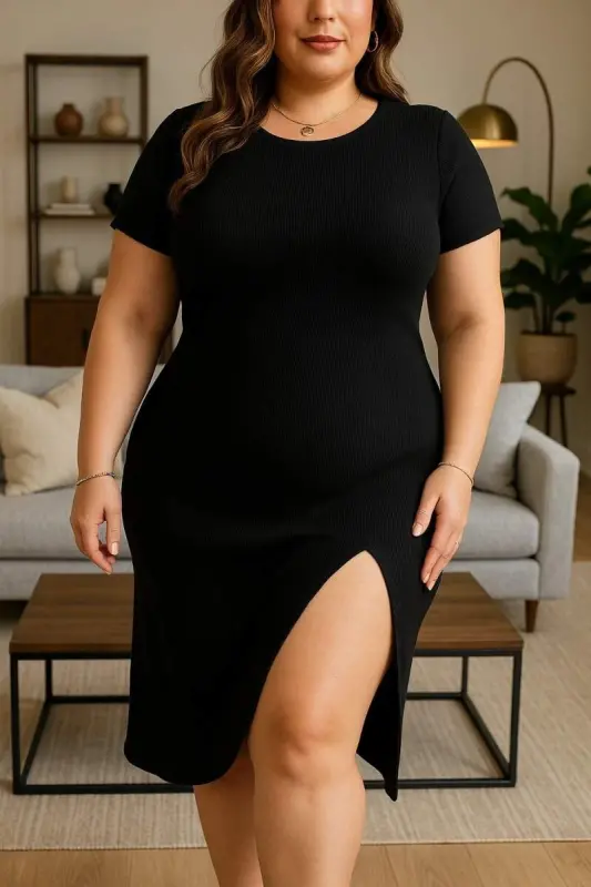Kadın Büyük Beden Kısa Kollu Yanı Yırtmaçlı Bisiklet Yaka Viskon Elbise - 2