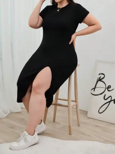 Kadın Büyük Beden Kısa Kollu Yanı Yırtmaçlı Bisiklet Yaka Viskon Elbise - 3