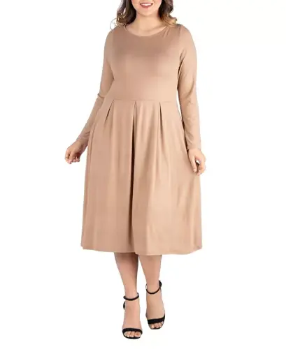 Women's Plus Size Fit and Flare Midi Dress - Wheat 