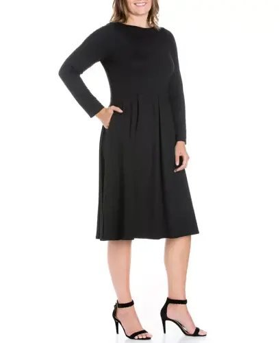 Kadın Büyük Beden Kloş Midi Elbise - Siyah - 24SEVEN COMFORT APPAREL (1)