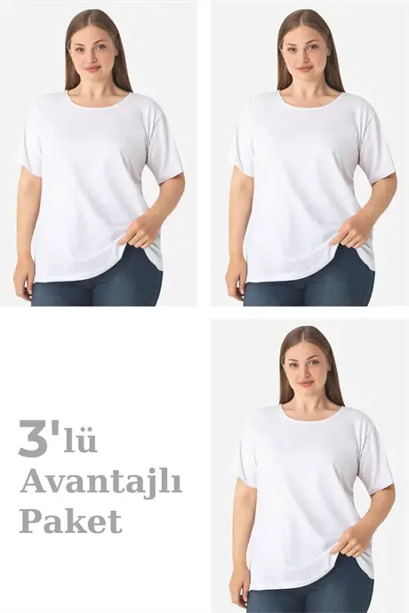Kadın Büyük Beden Pamuklu Basic Kısa Kollu Bisiklet Yaka Tişört Beyaz 3'lü Paket - BÜYÜKBEDENIZ