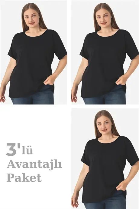 Kadın Büyük Beden Pamuklu Basic Kısa Kollu Bisiklet Yaka Tişört Siyah 3'lü Paket - BÜYÜKBEDENIZ